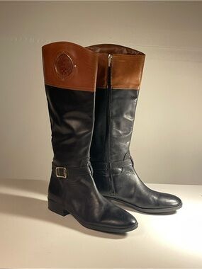 Vince Camuto Black Leather Riding Boots with Brown Cuffs and Buckle